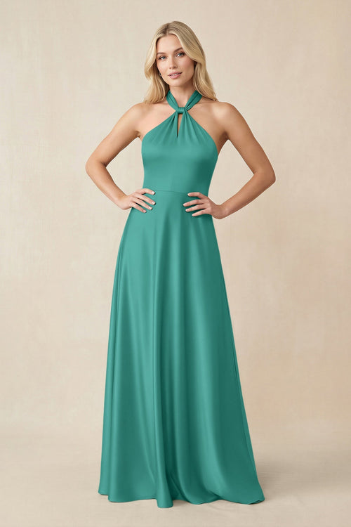 Halter Neck Satin A - Line Bridesmaid Gown with Bow in Sea Glass - SHE IS ME Bridesmaid Dresses