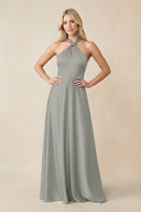 Halter Neck Satin A - Line Bridesmaid Gown with Bow in Silver - SHE IS ME Bridesmaid Dresses