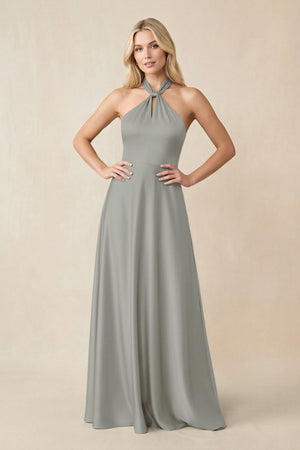 Halter Neck Satin A - Line Bridesmaid Gown with Bow in Silver - SHE IS ME Bridesmaid Dresses