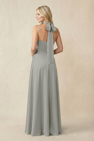 Halter Neck Satin A - Line Bridesmaid Gown with Bow in Silver - SHE IS ME Bridesmaid Dresses