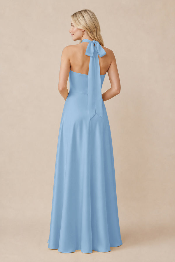 Halter Neck Satin A-Line Bridesmaid Gown with Bow in Sky Blue (2) | KISSBRIDAL
