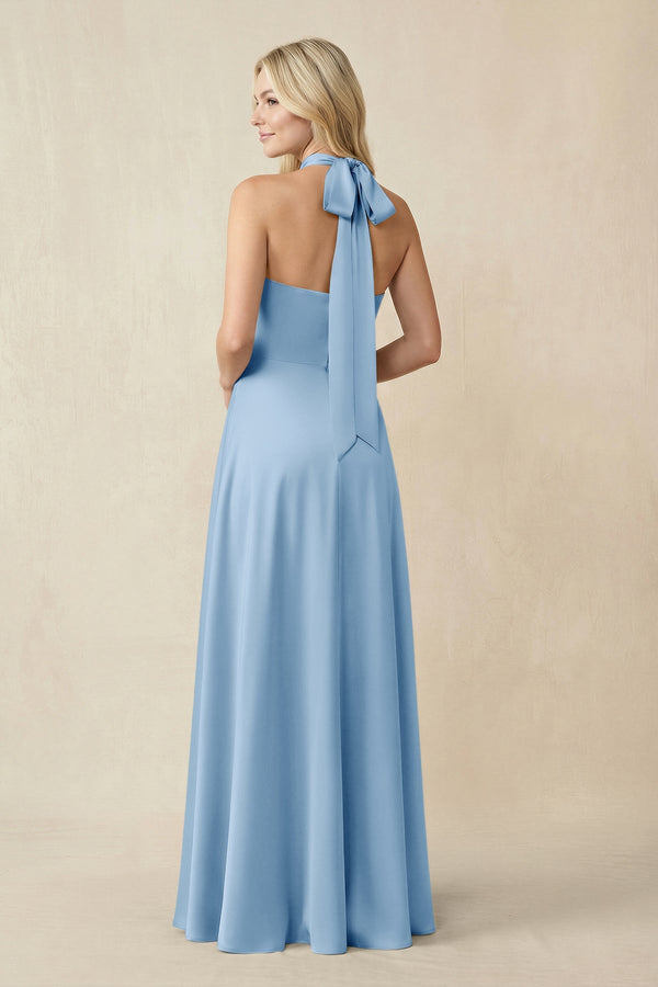 Halter Neck Satin A - Line Bridesmaid Gown with Bow in Sky Blue - KISS BRIDAL Bridesmaid Dresses
