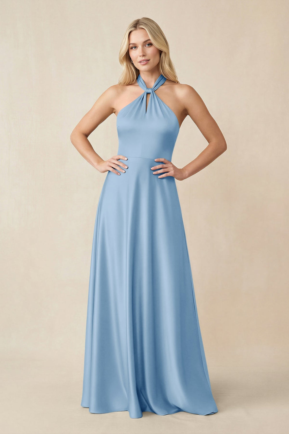 Halter Neck Satin A - Line Bridesmaid Gown with Bow in Sky Blue - KISS BRIDAL Bridesmaid Dresses