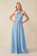 Halter Neck Satin A - Line Bridesmaid Gown with Bow in Sky Blue - KISS BRIDAL Bridesmaid Dresses