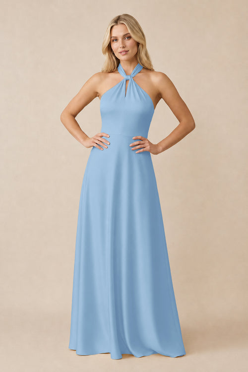 Halter Neck Satin A-Line Bridesmaid Gown with Bow in Sky Blue | KISSBRIDAL