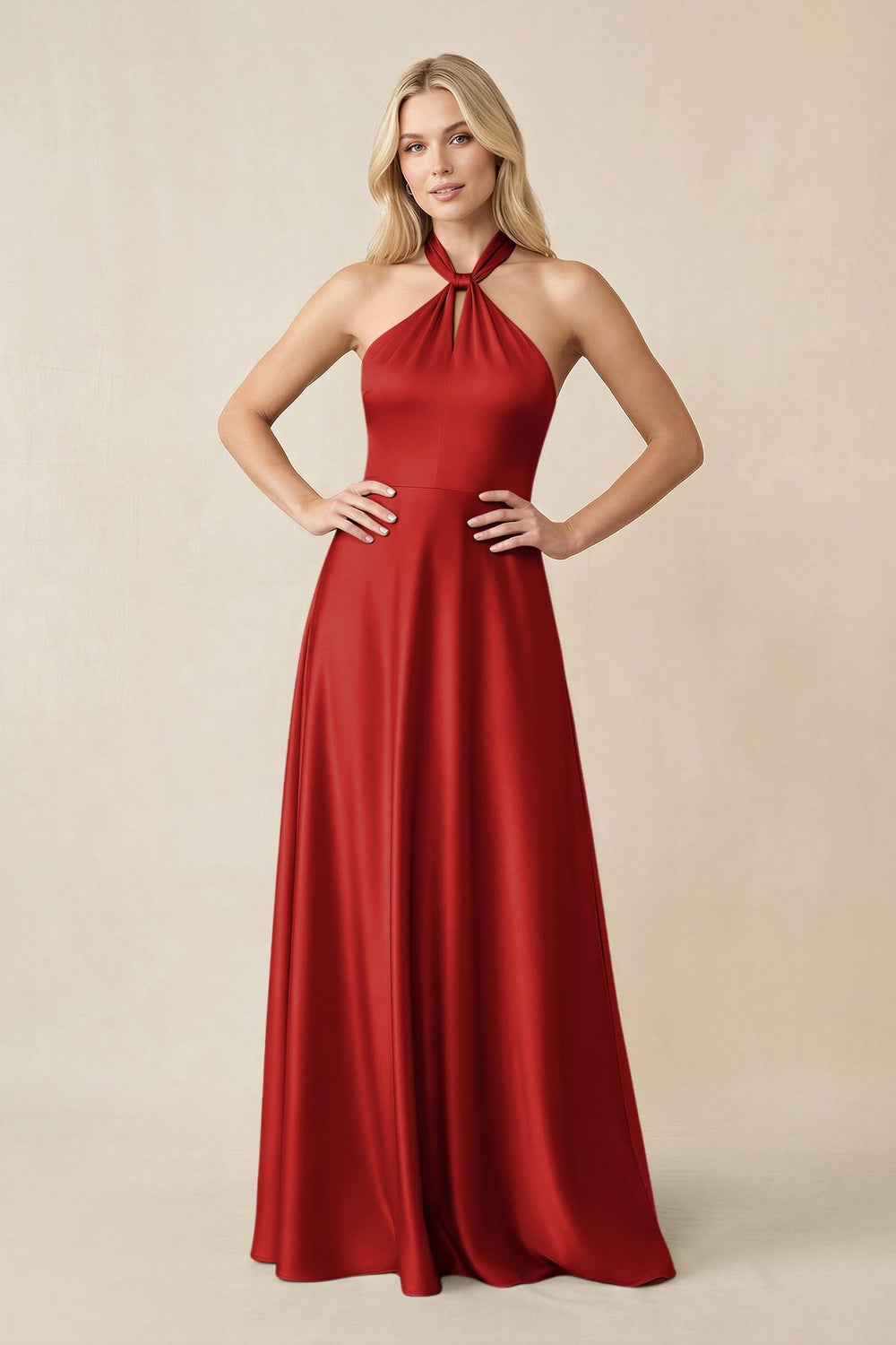Halter Neck Satin A - Line Bridesmaid Gown with Bow in Spice - KISS BRIDAL Bridesmaid Dresses