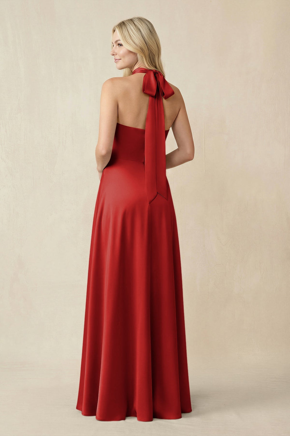 Halter Neck Satin A - Line Bridesmaid Gown with Bow in Spice - KISS BRIDAL Bridesmaid Dresses