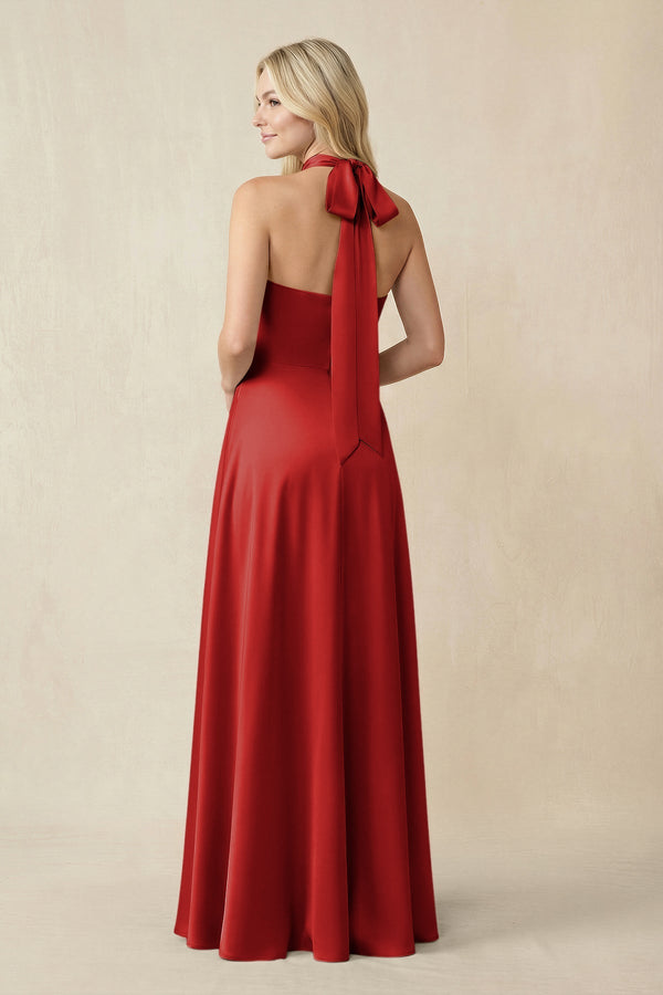 Halter Neck Satin A - Line Bridesmaid Gown with Bow in Spice - SHE IS ME Bridesmaid Dresses