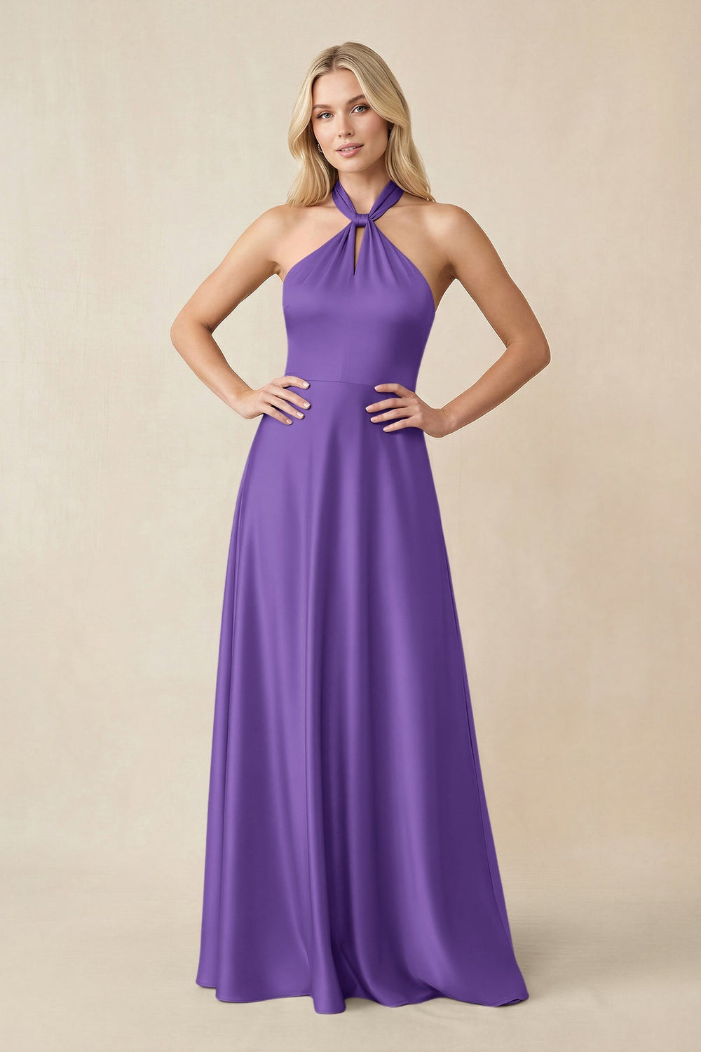 Halter Neck Satin A - Line Bridesmaid Gown with Bow in Tahiti - KISS BRIDAL Bridesmaid Dresses