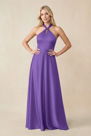 Halter Neck Satin A - Line Bridesmaid Gown with Bow in Tahiti - KISS BRIDAL Bridesmaid Dresses