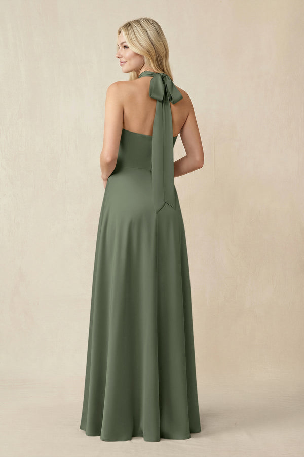 Halter Neck Satin A - Line Bridesmaid Gown with Bow in Thyme - SHE IS ME Bridesmaid Dresses