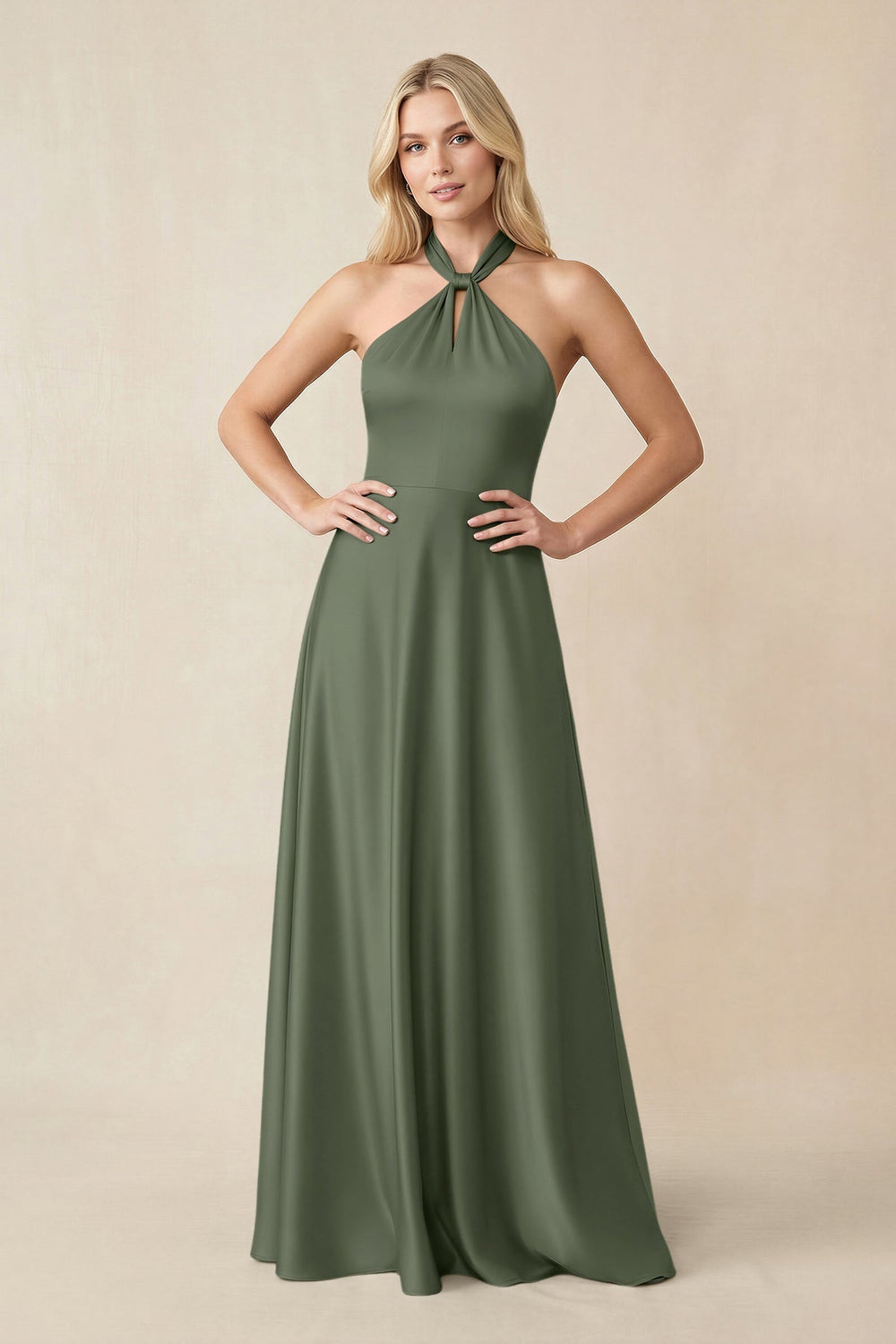 Halter Neck Satin A - Line Bridesmaid Gown with Bow in Thyme - KISS BRIDAL Bridesmaid Dresses