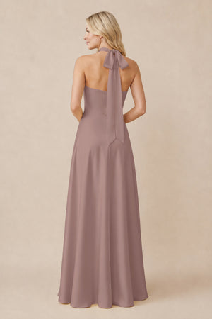 Halter Neck Satin A-Line Bridesmaid Gown with Bow in Toffee (2) | KISSBRIDAL