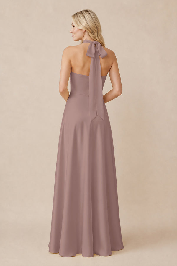 Halter Neck Satin A-Line Bridesmaid Gown with Bow in Toffee (2) | KISSBRIDAL