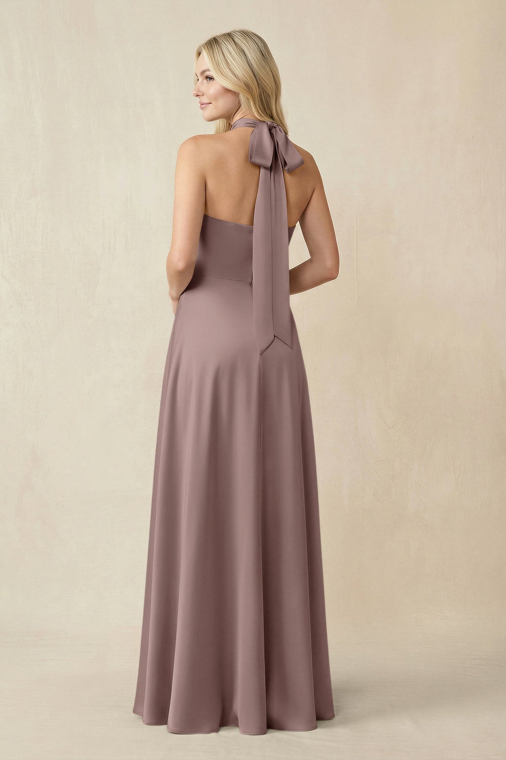 Halter Neck Satin A - Line Bridesmaid Gown with Bow in Toffee - KISS BRIDAL Bridesmaid Dresses