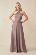 Halter Neck Satin A - Line Bridesmaid Gown with Bow in Toffee - KISS BRIDAL Bridesmaid Dresses