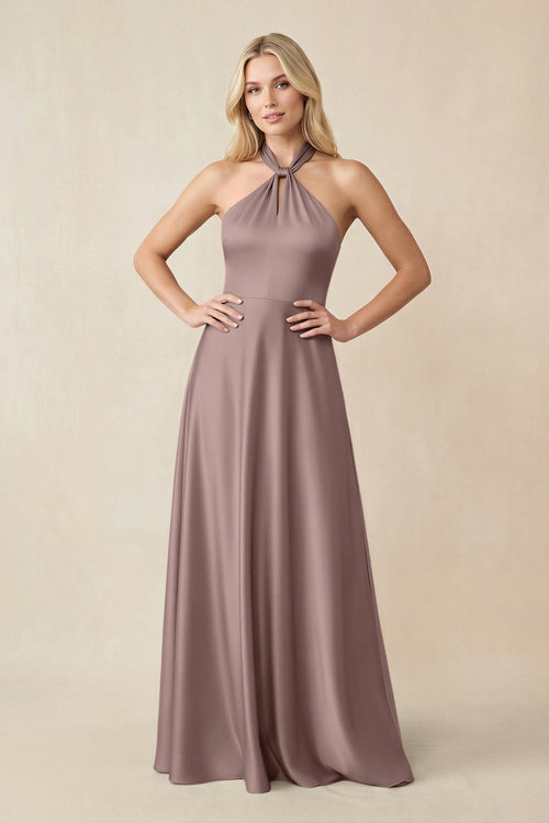 Halter Neck Satin A - Line Bridesmaid Gown with Bow in Toffee - KISS BRIDAL Bridesmaid Dresses