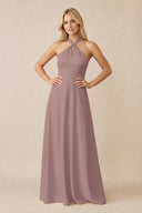 Halter Neck Satin A-Line Bridesmaid Gown with Bow in Toffee | KISSBRIDAL