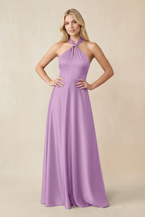Halter Neck Satin A - Line Bridesmaid Gown with Bow in Vintage Mauve - SHE IS ME Bridesmaid Dresses