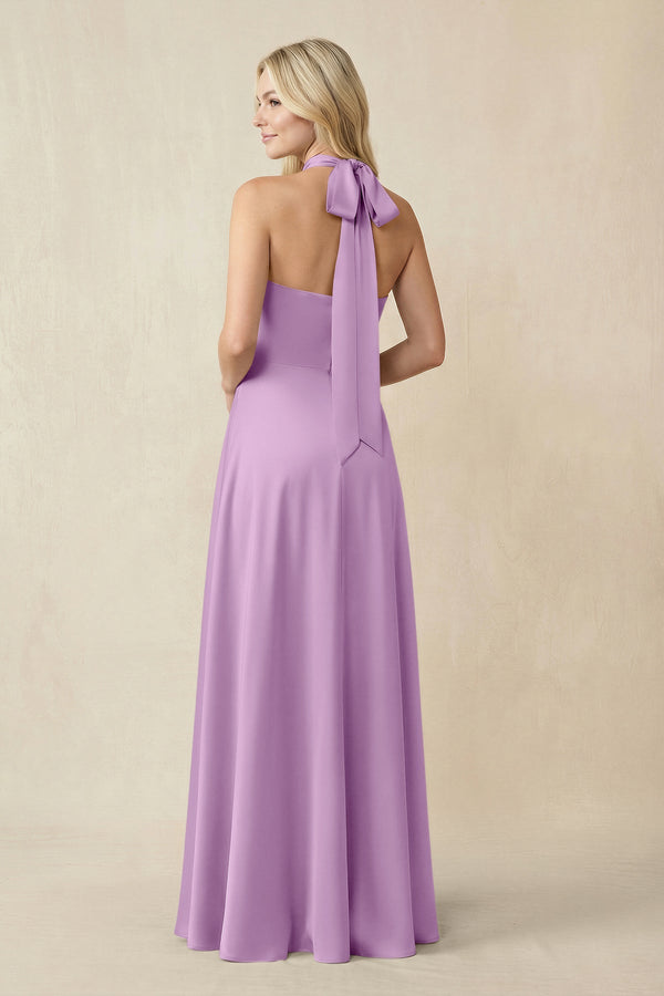 Halter Neck Satin A - Line Bridesmaid Gown with Bow in Vintage Mauve - SHE IS ME Bridesmaid Dresses
