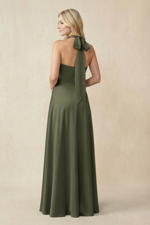 Halter Neck Satin A - Line Bridesmaid Gown with Bow in Willow Green - KISS BRIDAL Bridesmaid Dresses