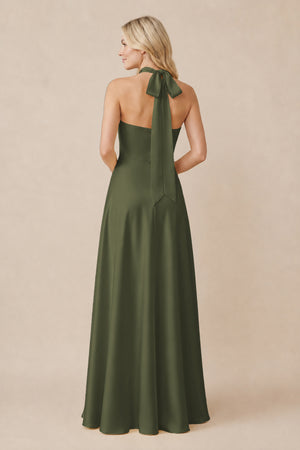 Halter Neck Satin A-Line Bridesmaid Gown with Bow in Willow Green (2) | KISSBRIDAL