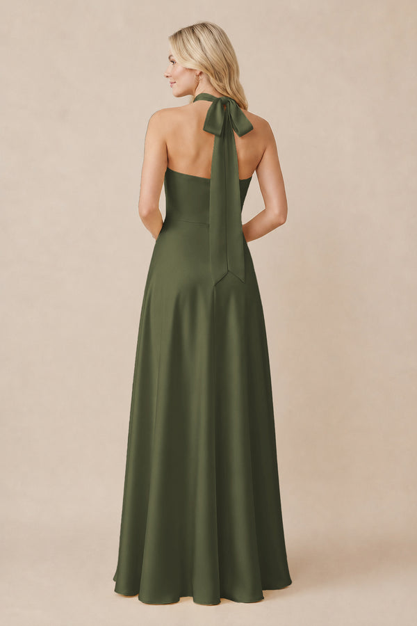 Halter Neck Satin A-Line Bridesmaid Gown with Bow in Willow Green (2) | KISSBRIDAL