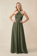 Halter Neck Satin A - Line Bridesmaid Gown with Bow in Willow Green - KISS BRIDAL Bridesmaid Dresses