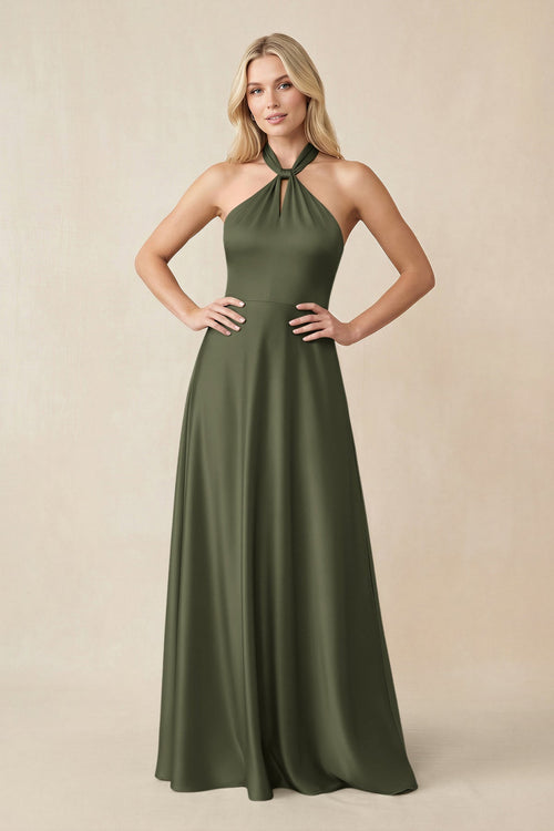 Halter Neck Satin A - Line Bridesmaid Gown with Bow in Willow Green - KISS BRIDAL Bridesmaid Dresses