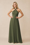 Halter Neck Satin A-Line Bridesmaid Gown with Bow in Willow Green | KISSBRIDAL