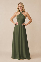 Halter Neck Satin A-Line Bridesmaid Gown with Bow in Willow Green | KISSBRIDAL