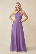 Halter Neck Satin A - Line Bridesmaid Gown with Bow in Wisteria - KISS BRIDAL Bridesmaid Dresses