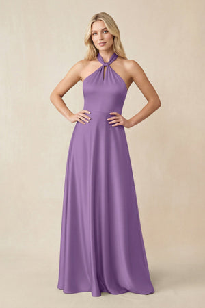Halter Neck Satin A - Line Bridesmaid Gown with Bow in Wisteria - KISS BRIDAL Bridesmaid Dresses