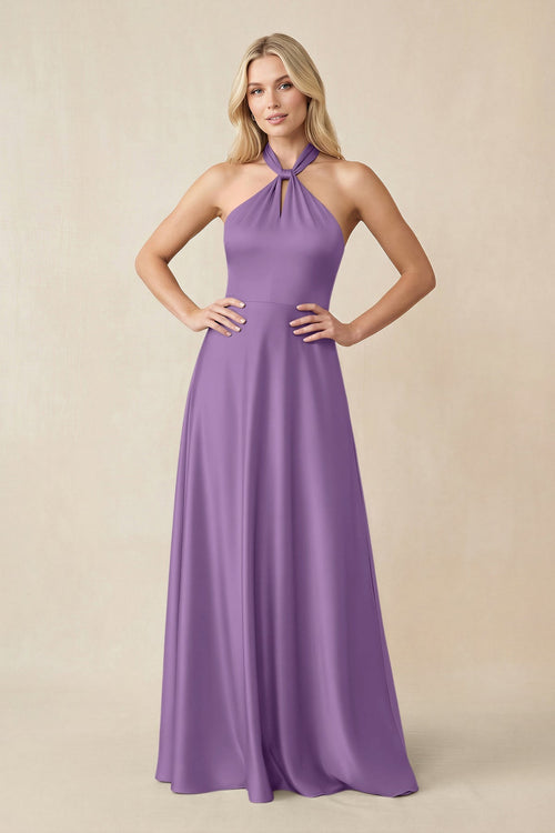 Halter Neck Satin A - Line Bridesmaid Gown with Bow in Wisteria - KISS BRIDAL Bridesmaid Dresses