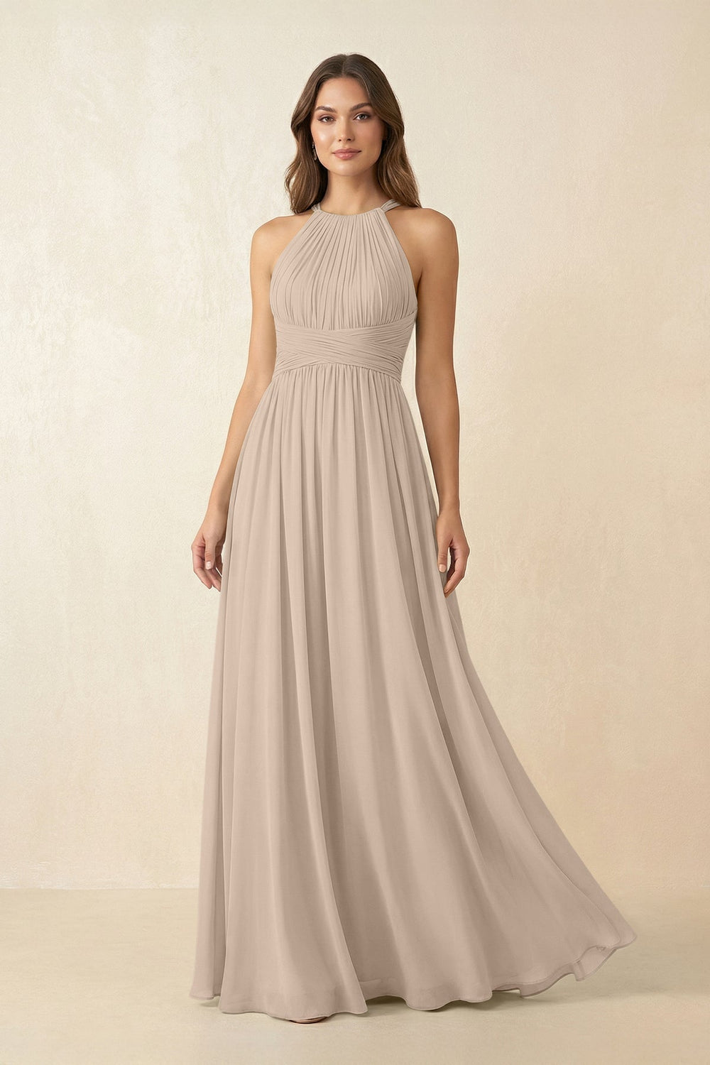 Halter Pleated A - Line Chiffon Bridesmaid Dress in Almond - SHE IS ME Bridesmaid Dresses