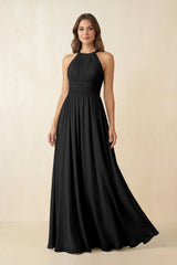 Halter Pleated A - Line Chiffon Bridesmaid Dress in Black - KISS BRIDAL Bridesmaid Dresses