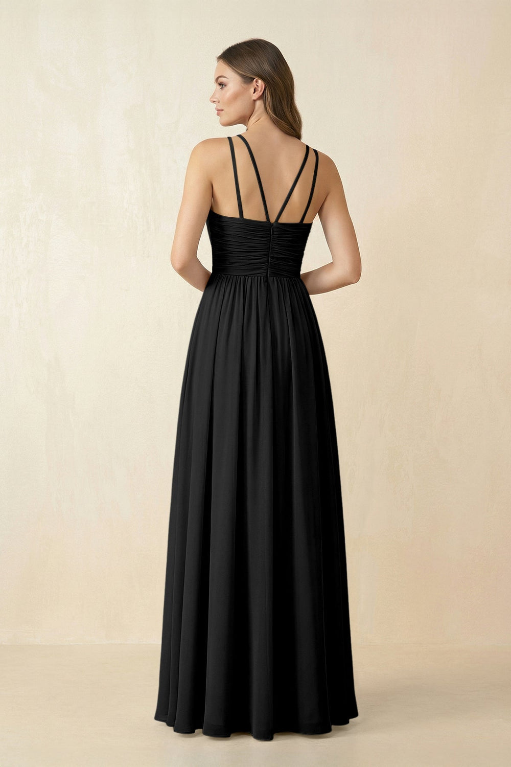 Halter Pleated A - Line Chiffon Bridesmaid Dress in Black - SHE IS ME Bridesmaid Dresses