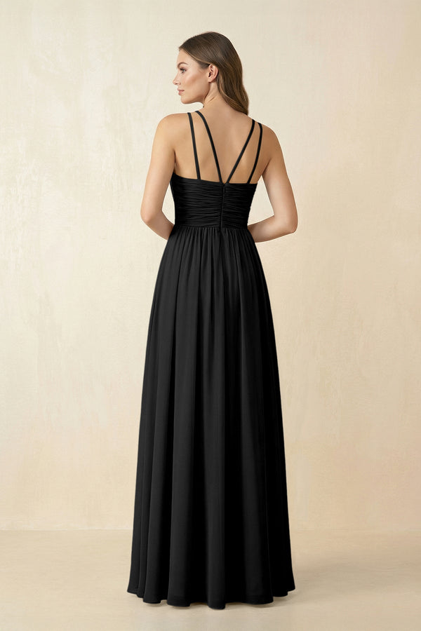 Halter Pleated A - Line Chiffon Bridesmaid Dress in Black - SHE IS ME Bridesmaid Dresses