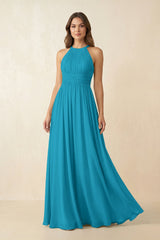Halter Pleated A - Line Chiffon Bridesmaid Dress in Blue Jay - KISS BRIDAL Bridesmaid Dresses