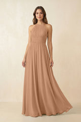 Halter Pleated A - Line Chiffon Bridesmaid Dress in Bronzer - KISS BRIDAL Bridesmaid Dresses