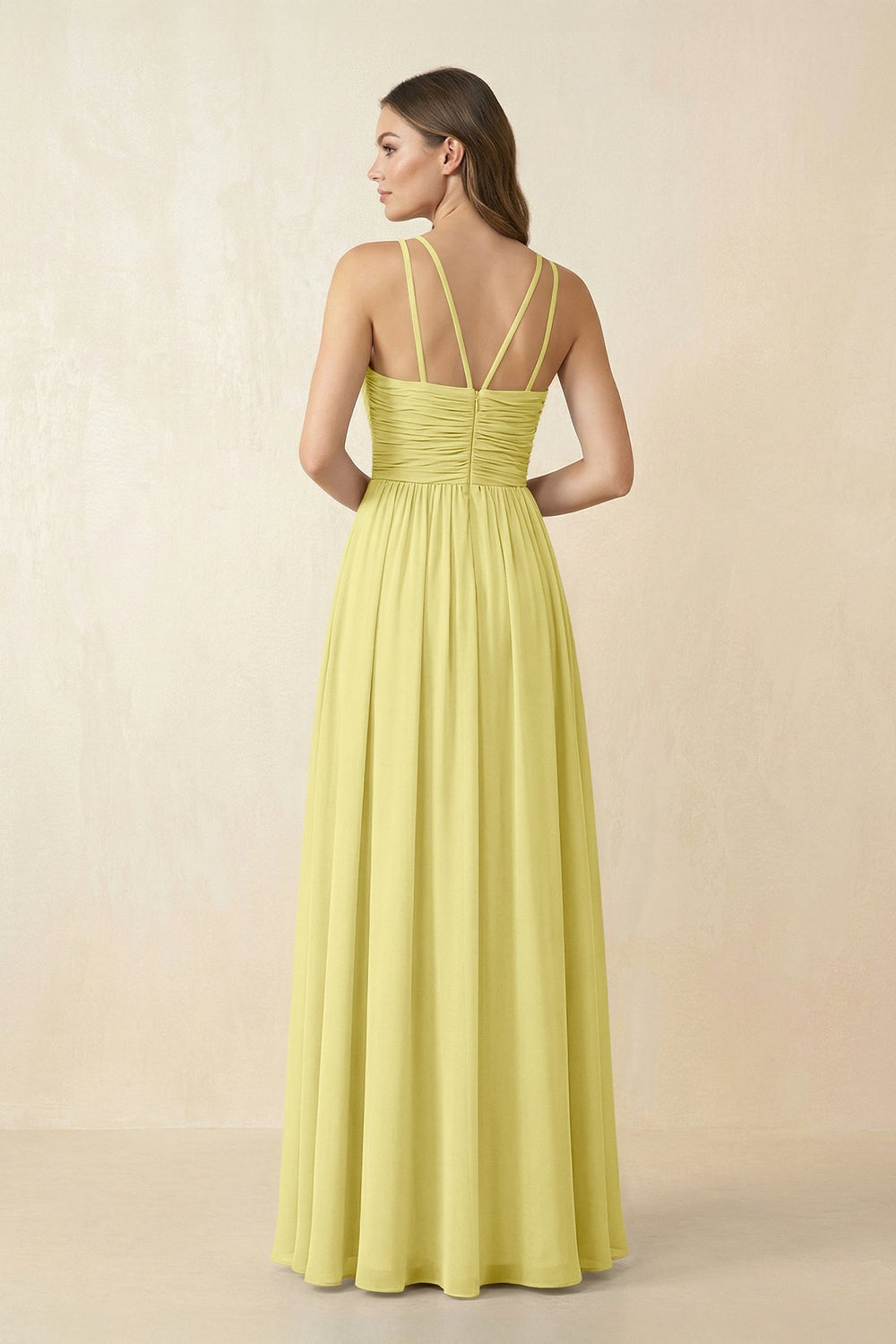 Halter Pleated A - Line Chiffon Bridesmaid Dress in Buttercup - SHE IS ME Bridesmaid Dresses