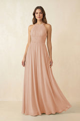 Halter Pleated A - Line Chiffon Bridesmaid Dress in Champagne Rose - KISS BRIDAL Bridesmaid Dresses