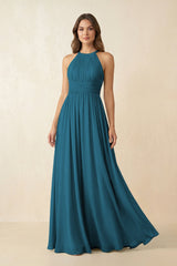 Halter Pleated A - Line Chiffon Bridesmaid Dress in Dark Teal - KISS BRIDAL Bridesmaid Dresses