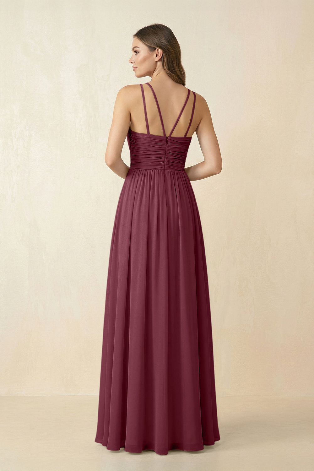 Halter Pleated A-Line Chiffon Bridesmaid Dress in Desert Rose