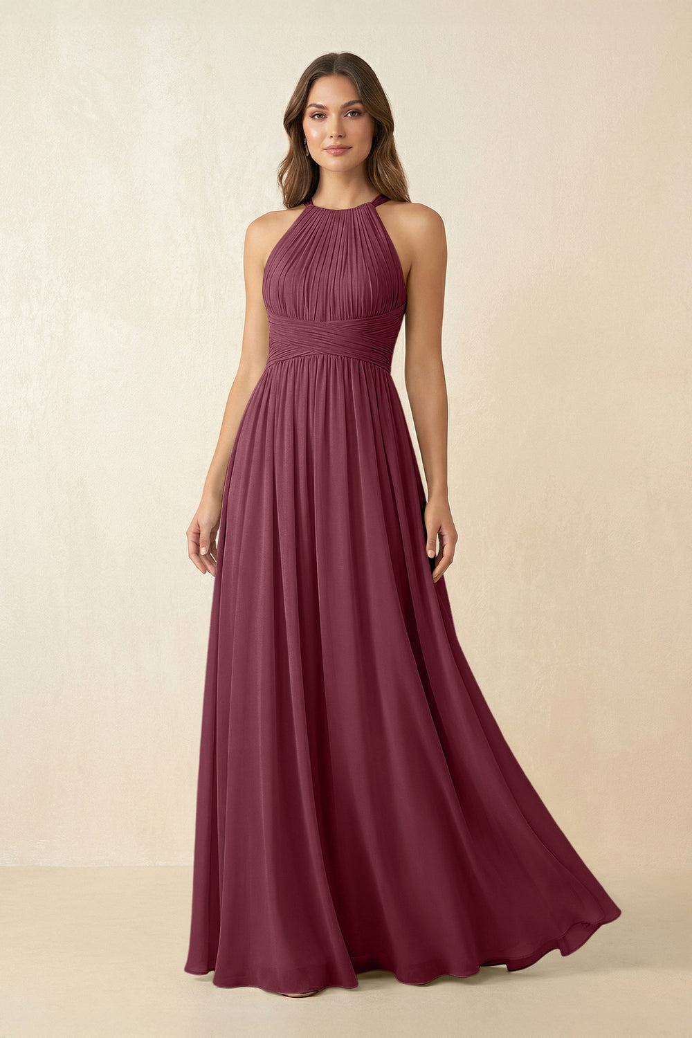 Halter Pleated A-Line Chiffon Bridesmaid Dress in Desert Rose