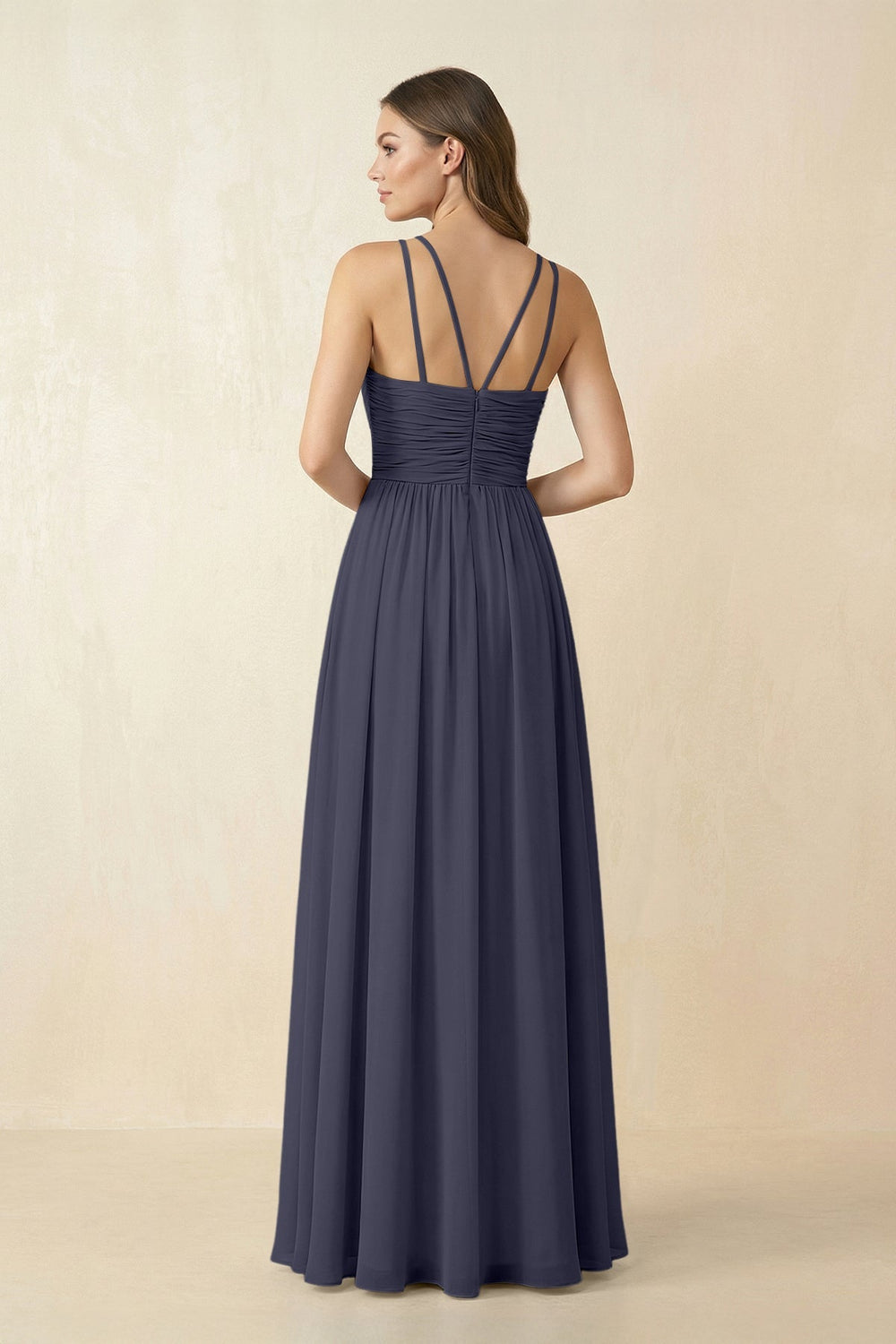 Halter Pleated A - Line Chiffon Bridesmaid Dress in Dusk Blue - SHE IS ME Bridesmaid Dresses