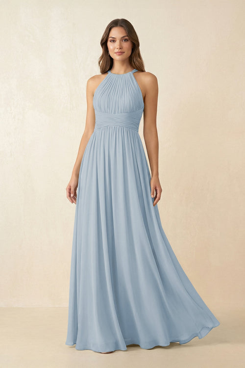 Halter Pleated A - Line Chiffon Bridesmaid Dress in Dusty Blue - SHE IS ME Bridesmaid Dresses
