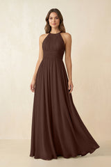 Halter Pleated A - Line Chiffon Bridesmaid Dress in Espresso - KISS BRIDAL Bridesmaid Dresses