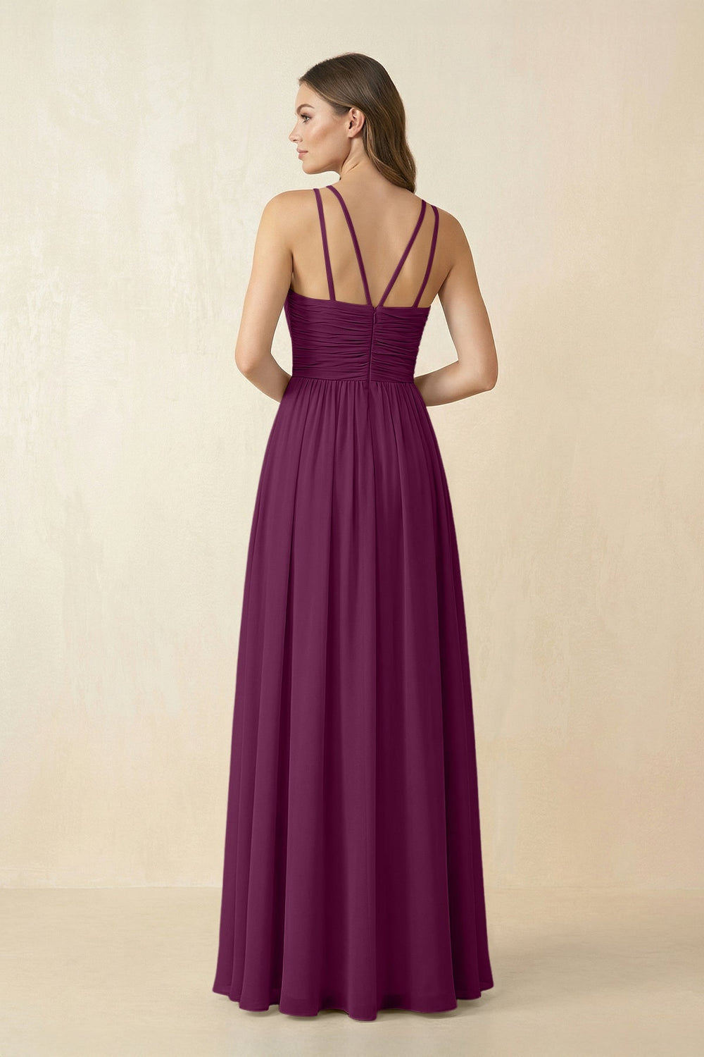Halter Pleated A - Line Chiffon Bridesmaid Dress in Fig - SHE IS ME Bridesmaid Dresses