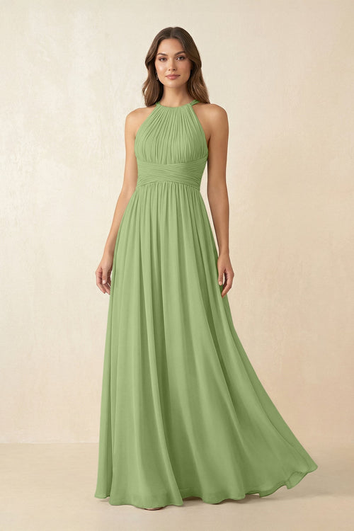 Halter Pleated A - Line Chiffon Bridesmaid Dress in Matcha - SHE IS ME Bridesmaid Dresses